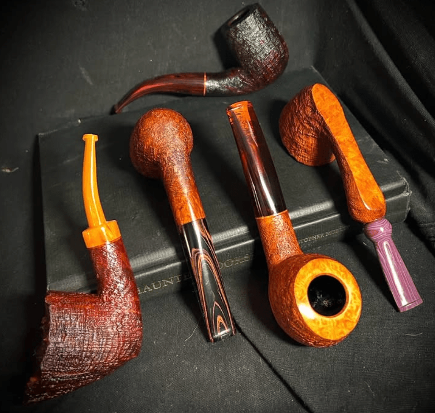 Rose Pipes stem options — vulcanite, Lucite, and cumberland in various colors